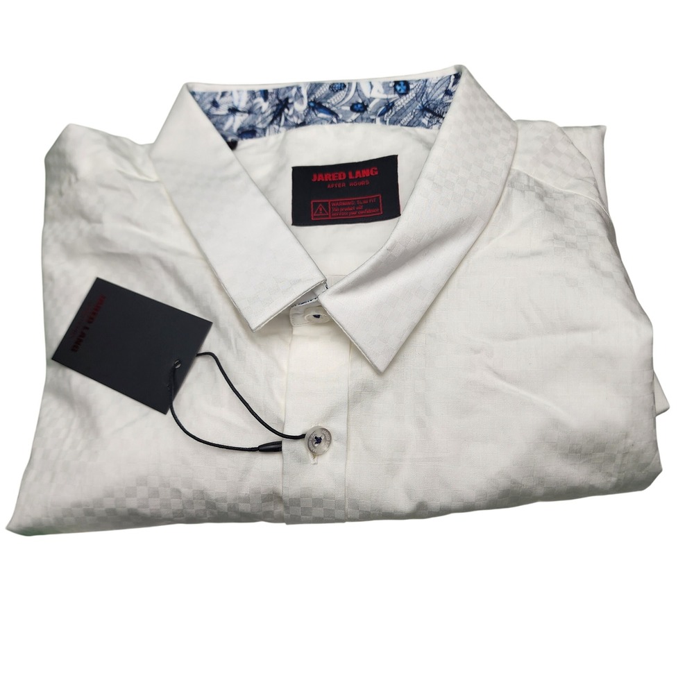 JARED LANG AFTER HOURS White Textured Check Dress Shirt‎ Men's 2XL Slim Fit